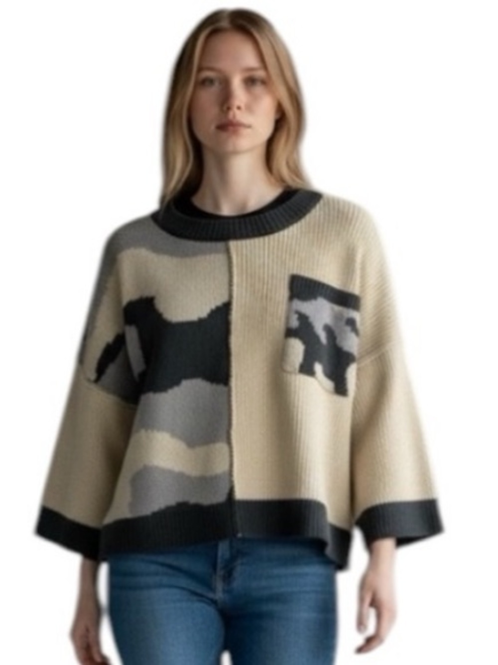 Pol Cropped Square Color Block Camo Chunky Knit Oversized Gray & Black Sweater M